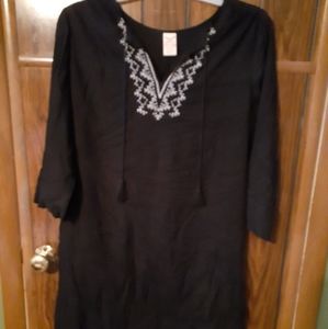 Black dress with white design.